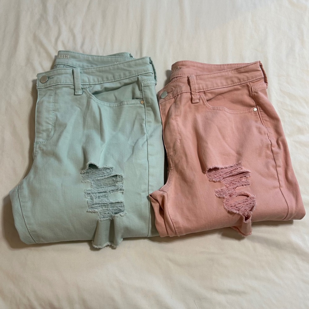 ANA A New Approach Pink and Blue‎ Distressed Skinny Jeans Womens Size 12 Raw Hem